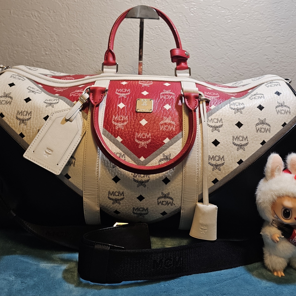 MCM Red and White Travel Duffel Bag